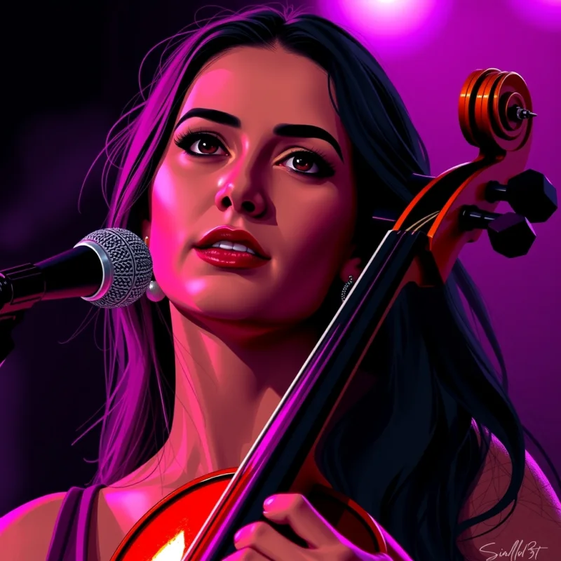 Ilustração de uma cantora adulta de cabelo escuro, com viola, sob luz de palco magenta