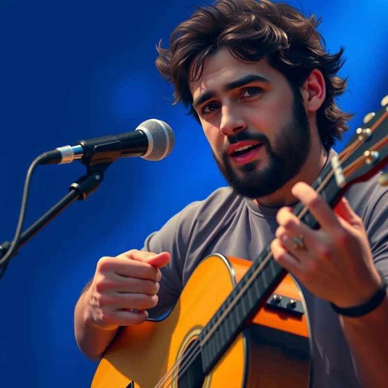 Ilustração de um cantor adulto de barba, com violão, sob luz azul de palco
