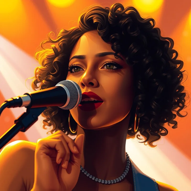 Ilustração de uma cantora adulta com cabelo cacheado e microfone, luz dourada