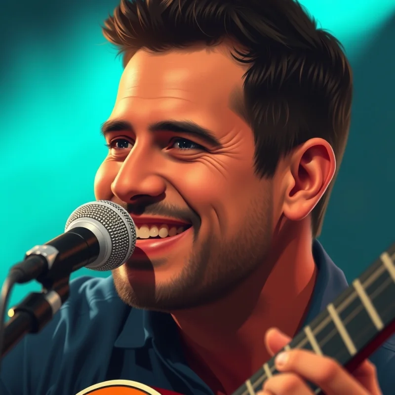 Ilustração de um cantor adulto sorrindo com cavaquinho, luz verde-água
