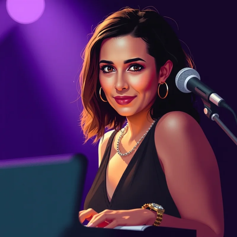 Ilustração de uma cantora adulta ao piano, luz violeta