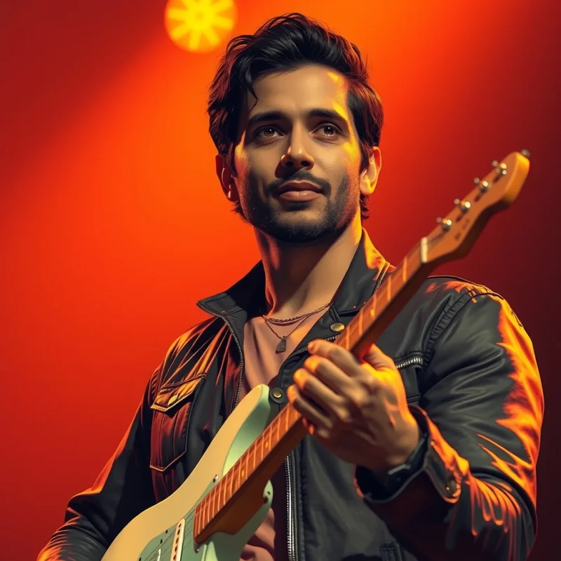 Ilustração de um cantor adulto com guitarra e jaqueta, luz laranja
