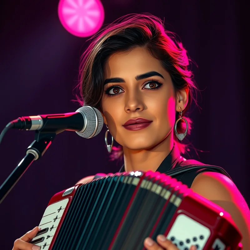 Ilustração de uma cantora adulta com sanfona, luz rosa e vermelha