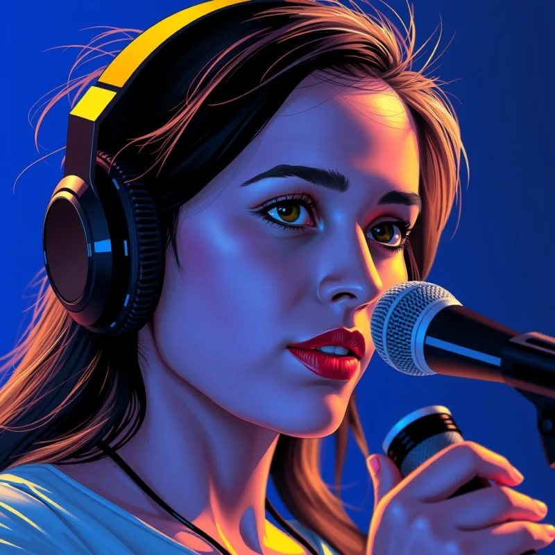 Ilustração de uma cantora adulta com fones e microfone, luz azul-neon