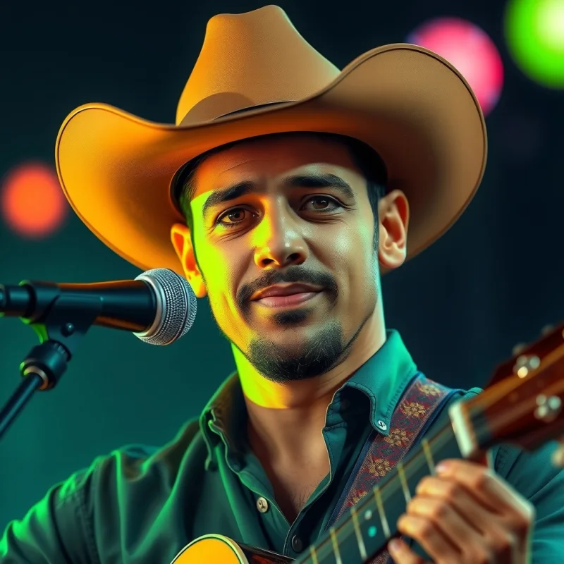 Ilustração de um cantor adulto de chapéu com violão, luz verde